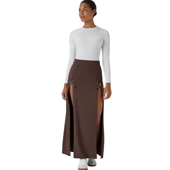 HALARA High Waist 2 In 1 Split Brown Maxi Skort Skirt Buckle Size Large NWT - Picture 7 of 7